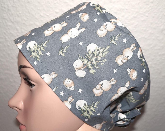 Surgical cap rabbit, scrub cap, bandana, cosmetic cap, chef's hat, grey with rabbit and hedgehog, surgical caps Christmas, winter forest