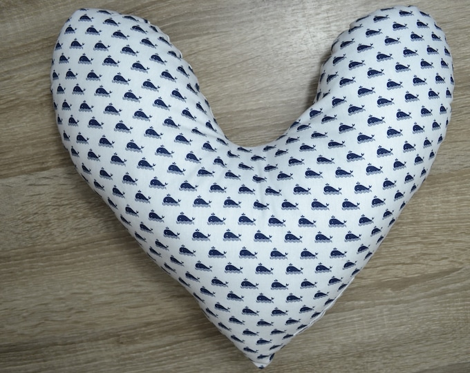 Heart pillow, breast heart pillow, mastectomy pillow, forearm pillow, breast surgery pillow, white with blue whales, handmade