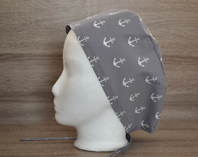 Surgical cap anchor with terry cloth band, scrub cap, bandana, peeling cap, chef's cap, cosmetic cap, surgical caps, gray with anchors maritime, handmade
