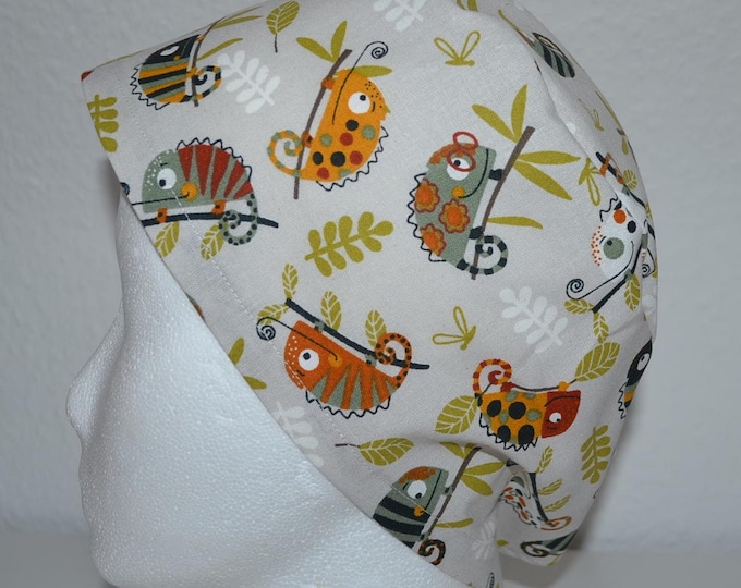 Surgical cap chameleon, scrub cap, bandana, cosmetic cap, chef's hat, peeling cap, surgical caps, beige with chameleon, handmade