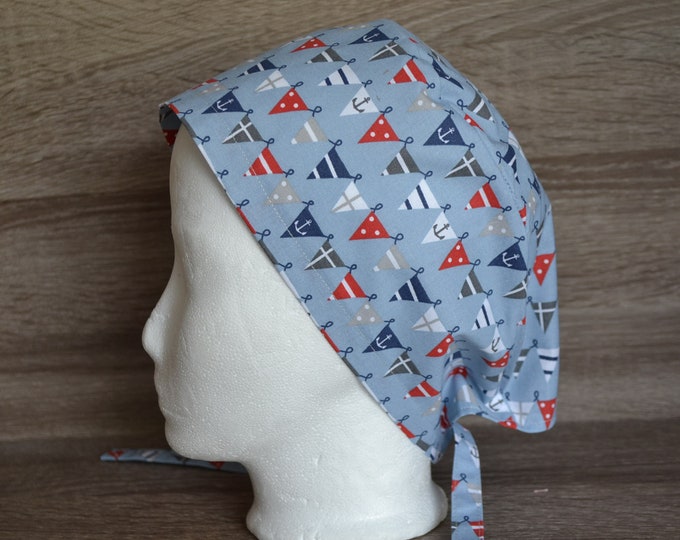 Surgical cap pennant, bandana, peeling cap, scrub cap, cosmetic cap, chef's hat, blue with flags, pennant chain, handmade