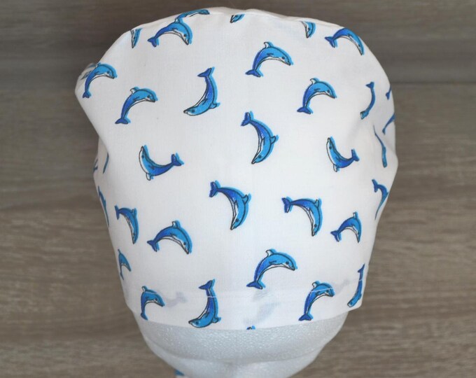 Surgical cap dolphin, bandana, scrub cap, cosmetic cap, chef's cap, peeling cap, white with dolphins, maritime, handmade