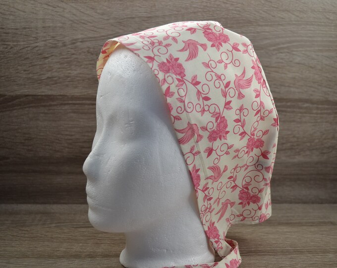 Surgical cap, pigeons, terry cloth band, scrub cap, chef's cap, bandana, peeling cap, cosmetic cap, surgical caps, beige with robs and tendrils, handmade