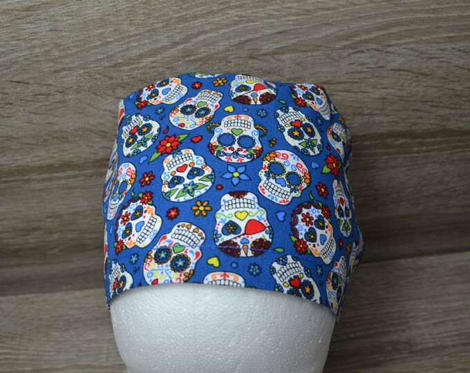 Surgical cap skull terry band, scrub cap, bandana, cosmetic cap, chef's hat, peeling cap, surgical cap skull, blue with skulls, handmade