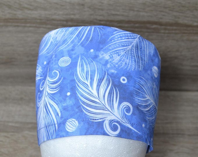 Surgical cap feather with terry cloth band, bandana, scrub cap, cosmetic cap, chef's cap, surgical cap feathers blue with white feathers, handmade