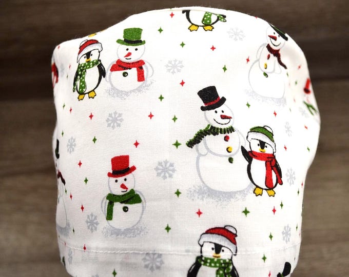 Surgical cap with snowman design, scrub cap, bandana, cosmetic cap, peeling cap, chef's hat, white with snowman/penguin, Christmas surgical cap, penguin