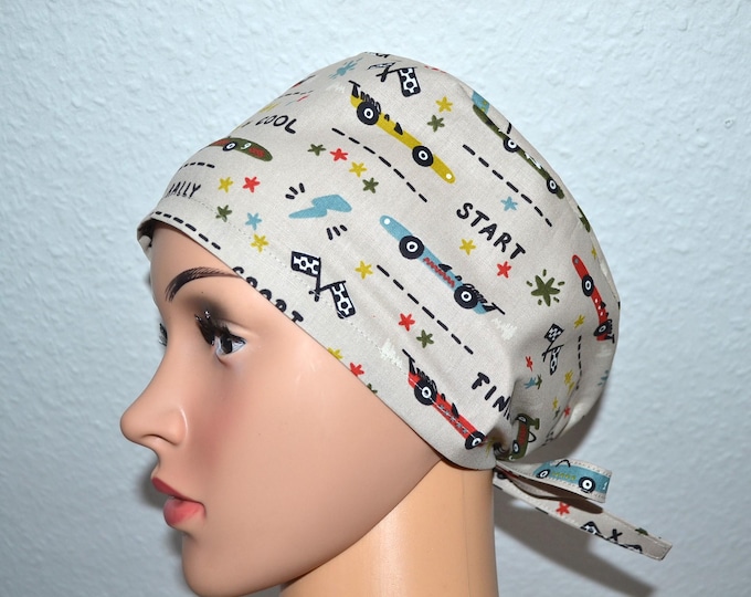 Racing car surgical cap, scrub cap, bandana, cosmetic cap, peeling cap, chef's hat, beige surgical cap with racing car, car cap, handmade