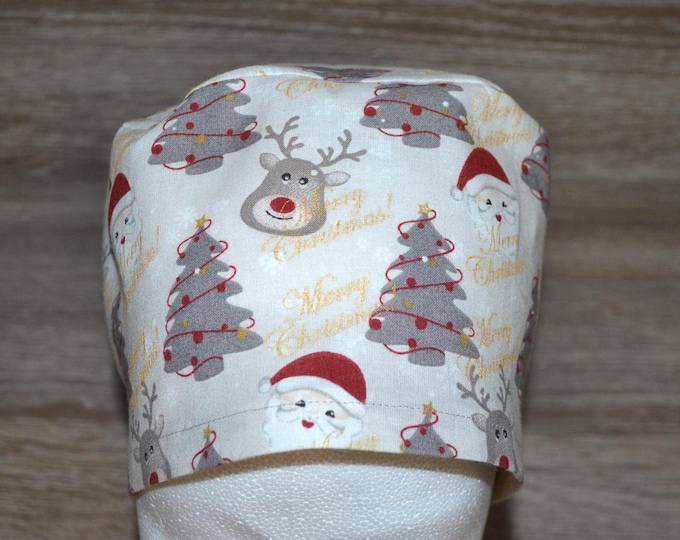Santa Claus surgical cap, scrub cap, bandana, cosmetic cap, peeling cap, chef's hat, beige with moose/fir trees, Christmas surgical cap, Santa Claus cap