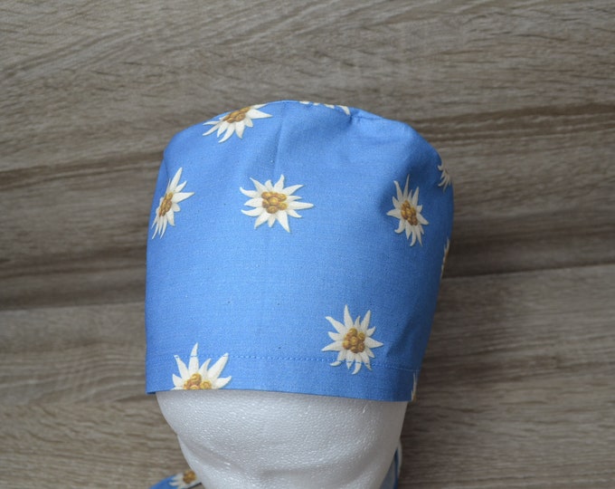 Surgical cap edelweiss with terry cloth band, scrub cap, hood with sweatband, bandana, peeling cap, chef's hat, light blue with edelweiss, handmade
