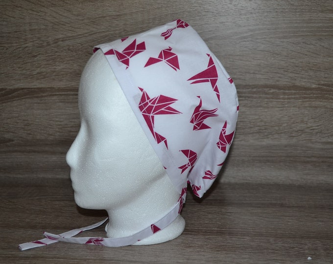 Surgical cap origami bird, scrub cap, bandana, cosmetic cap, chef's hat, peeling cap, surgical caps, white with birds, handmade