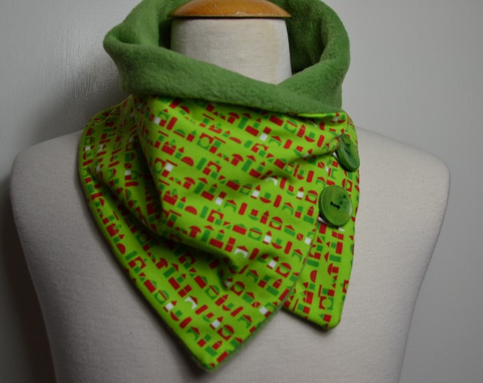 Button loop patterned, button loops, loops, scarf, cotton jersey little houses and green fleece, wrap scarf, wrap loop, handmade