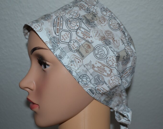 Surgical cap travel stamp, scrub cap, cosmetic cap, bandana, peeling cap, cooking cap, surgical cap beige with stamps, handmade