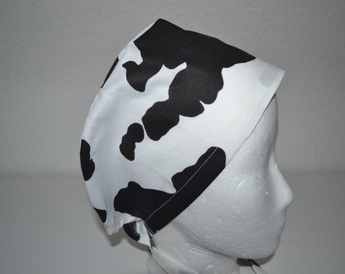 Surgical cap cow spots terry cloth band, scrub cap, chef's hat, bandana, peeling cap, cosmetic cap, surgical caps, white with cow spots, handmade