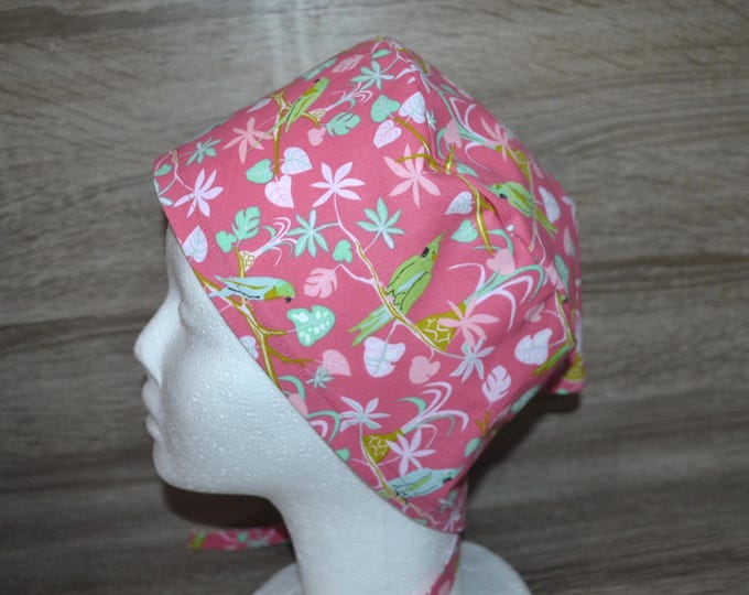 Surgical cap parrot terry cloth band, scrub cap, bandana, cosmetic cap, chef's hat, peeling cap, surgical caps, pink with parrots, parrot cap,