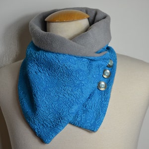 Button loop rose embossing, button loops, loops, scarf, scarf with buttons, rose pattern turquoise and blue fleece, button loop checks, loop, handmade