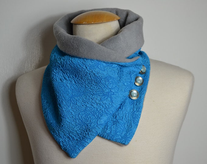 Button loop rose embossing, button loops, loops, scarf, scarf with buttons, rose pattern turquoise and blue fleece, button loop checks, loop, handmade