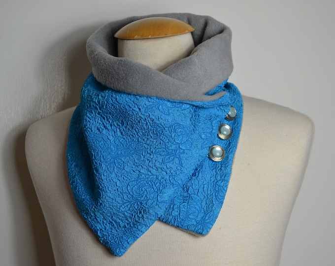 Button loop rose embossing, button loops, loops, scarf, scarf with buttons, rose pattern turquoise and blue fleece, button loop checks, loop, handmade