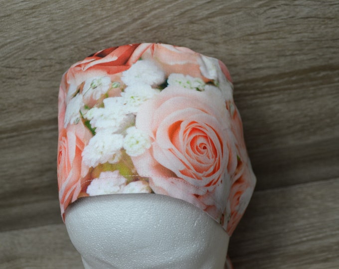 Surgical cap rose terry band, scrub cap, bandana, cosmetic cap, chef's hat, peeling cap, surgical caps, beige with roses, handmade