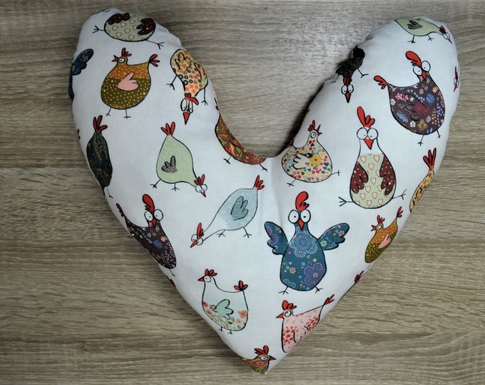 Heart pillow, breast heart pillow, mastectomy pillow, forearm pillow, breast surgery pillow, white with colorful chickens, handmade