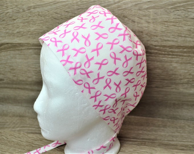 Surgical cap breast cancer loop, scrub cap, bandana, peeling cap, cosmetic cap, chef's hat, surgical caps, white pink ribbon, handmade