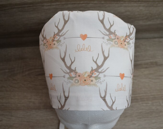 Surgical cap deer antlers, scrub cap, bandana, peeling cap, cosmetic cap, chef's cap, surgical caps, beige with antlers, handmade