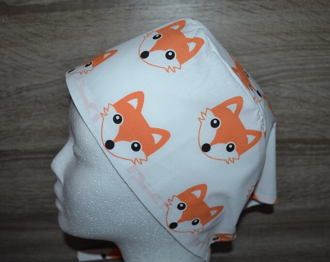 Surgical cap fox terry band, bandana, peeling cap, scrub cap, cosmetic cap, chef's cap, surgical caps, white with foxes, handmade