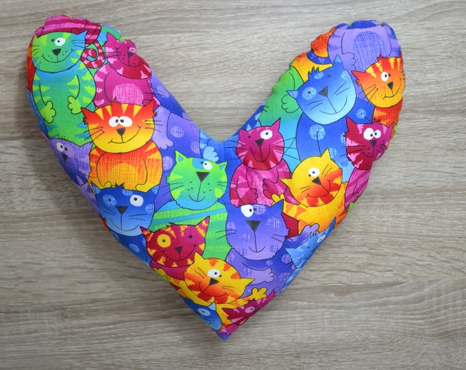 Heart pillow, chest heart pillow, mastectomy pillow, forearm pillow, breast surgery pillow, blue with colorful cats, handmade