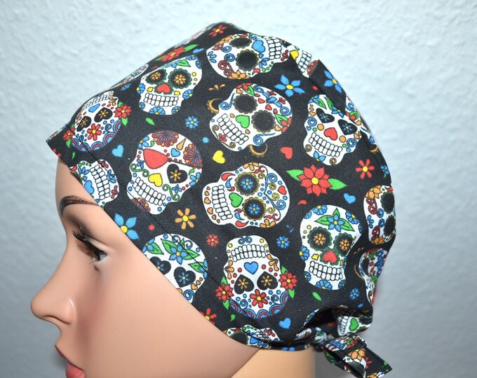 Surgical cap with skull terry cloth band, scrub cap, cosmetic cap, chef's cap, bandana, peeling cap, surgical caps, black with skulls, skull cap