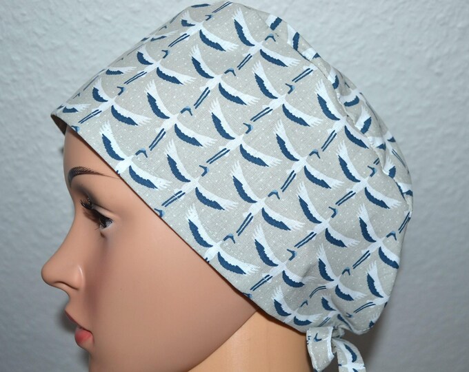 Surgical cap crane, scrub cap, cosmetic cap, chef's cap, bandana, peeling cap, cap grey with bird, surgical caps cranes