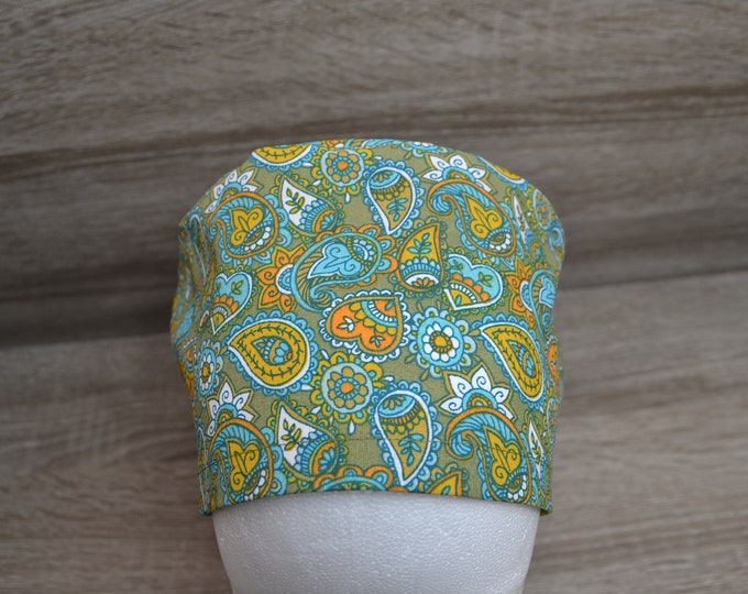 Surgical cap paisley terry cloth band, scrub cap, chef's cap, bandana, peeling cap, cosmetic cap, surgical caps, green with paisley, handmade