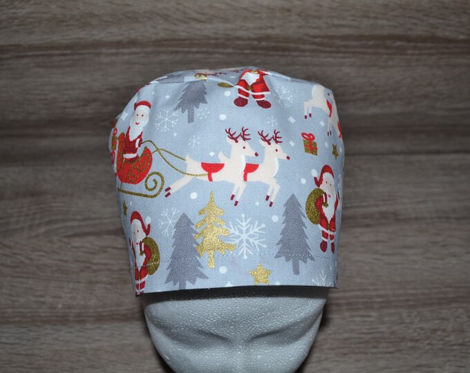 Surgical hoods, scrub cap, bandana, cosmetic hood, grey with Santa Claus, Santa Claus, Christmas motif, handmade