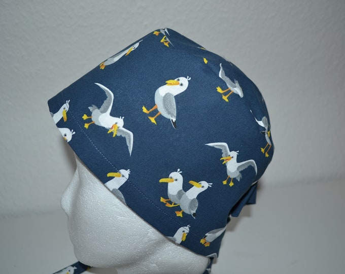 Surgical cap seagull terry cloth band, scrub cap, cooking cap, bandana, peeling cap, cosmetic cap, surgical cap, blue with seagulls maritime, handmade