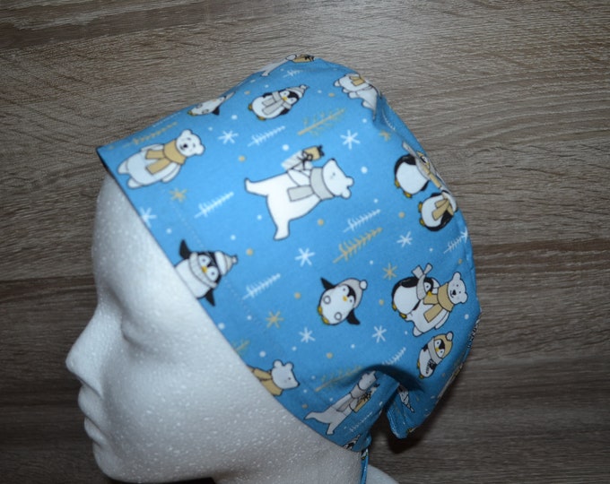Surgical cap polar bear, scrub cap, bandana, cosmetic cap, peeling cap, surgical cap, chef's hat, blue with polar bear and penguin, handmade