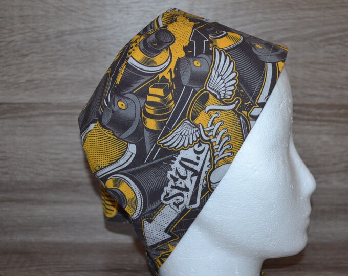 Scater surgical cap, scrub cap, bandana, cosmetic cap, peeling cap, chef's hat, surgical caps, brown with street art, handmade