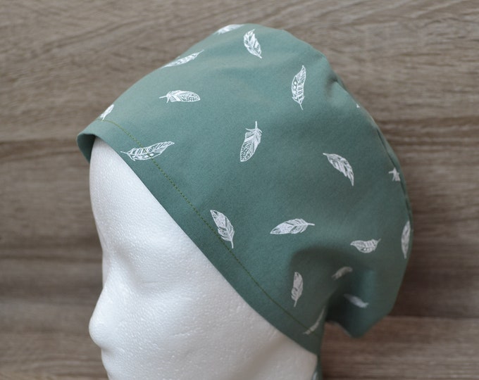 Surgical cap feather with terry cloth band, scrub cap, chef's cap, bandana, cosmetic cap, peeling cap, jade green with white feathers, handmade