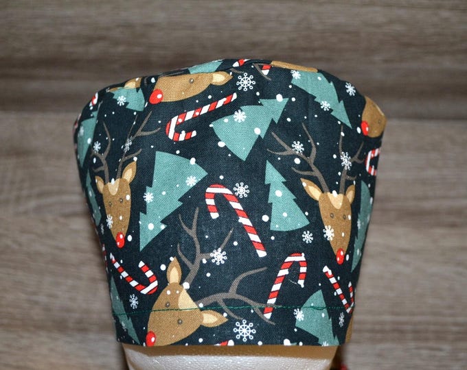 Surgical cap with moose design, scrub cap, bandana, cosmetic cap, peeling cap, chef's hat, green with moose/Christmas trees, Christmas surgical caps, moose cap