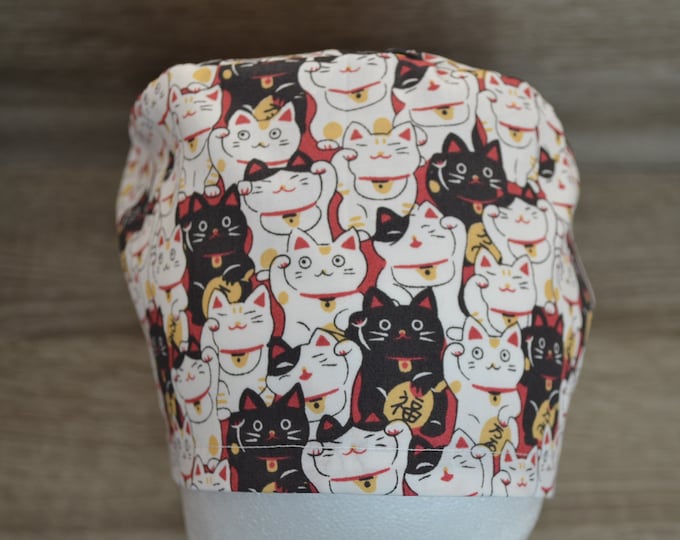 Surgical cap cat white with terry cloth band, scrub cap, bandana, cosmetic cap, peeling cap, Chinese lucky cat, waving cat, handmade