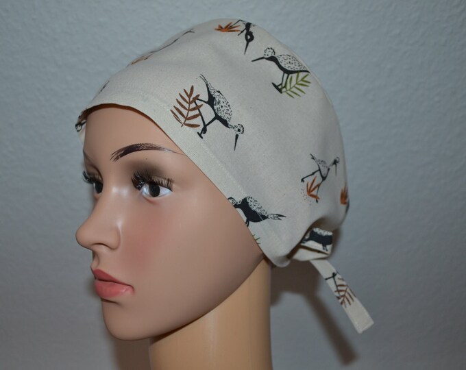 Surgical cap beach runner terry cloth band, scrub cap, cosmetic cap, cooking cap, bandana, peeling cap, beige with bird, maritime cap, handmade
