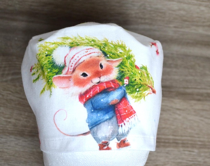 Christmas surgical cap with terry cloth band, scrub cap, bandana, cosmetic cap, peeling cap, chef's hat, winter surgical cap, Christmas tree surgical cap