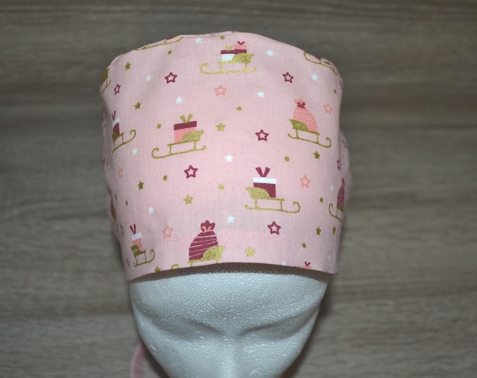 Surgical cap with sled design, scrub cap, bandana, cosmetic cap, peeling cap, dusty rose with sled, chef's hat, Christmas surgical caps, handmade