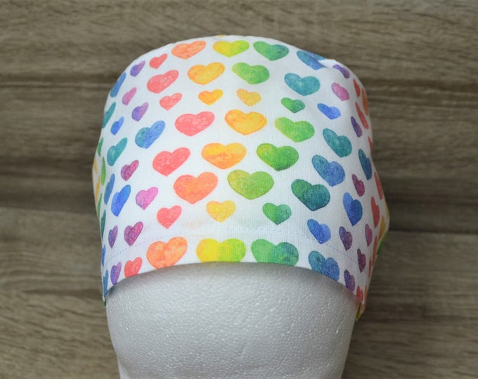 Surgical cap heart with terry cloth band, scrub cap, bandana, scrub hat, chef's cap, cosmetic cap, surgical caps, white with hearts, rainbow cap