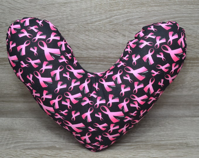 Heart pillow, breast heart pillow, mastectomy pillow, forearm pillow, breast surgery pillow, black with pink breast cancer bow, handmade