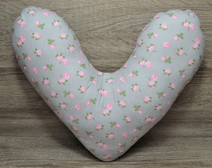 Heart pillow, chest heart pillow, mastectomy pillow, forearm pillow, breast surgery pillow, grey with small florets, handmade