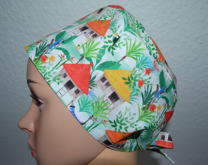 Surgical cap round hut with terry cloth band, scrub cap, cosmetic cap, cooking cap, bandana, peeling cap, white with African huts, handmade