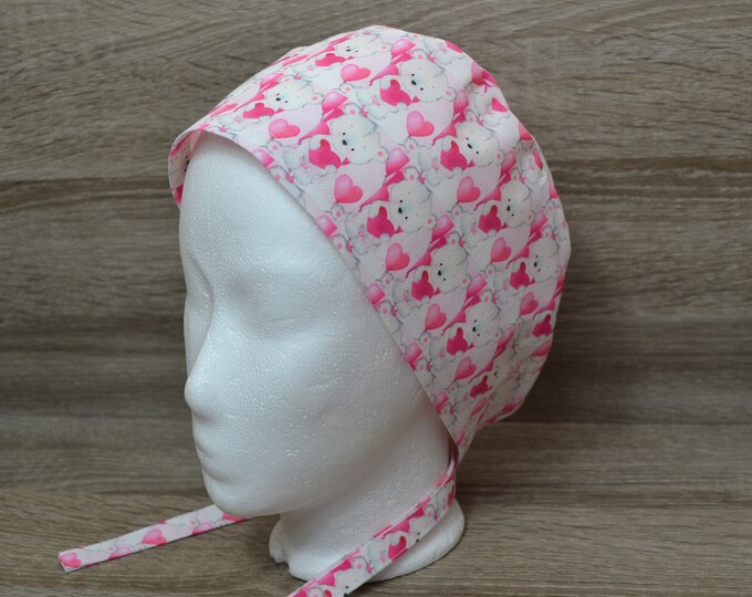 Surgical cap bear with terry cloth band, scrub cap, cosmetic cap, chef's cap, bandana, scrub cap, pink with teddy bear and heart, handmade
