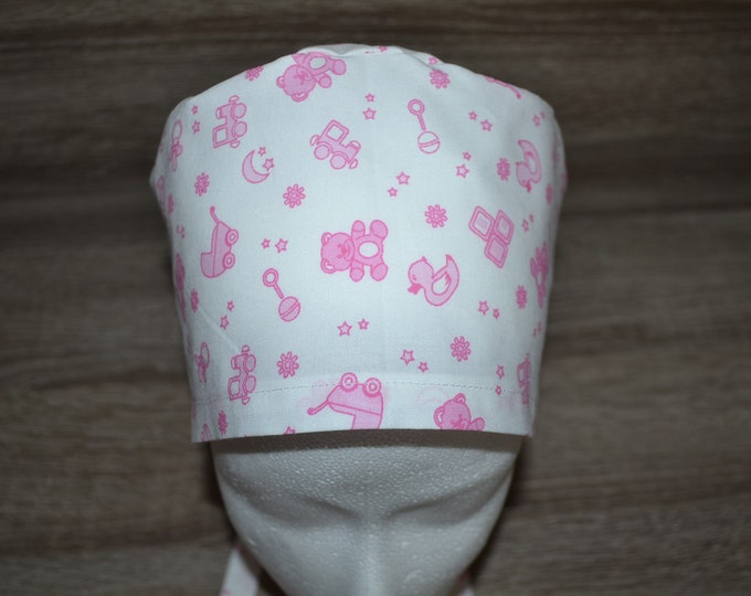 Surgical cap baby, scrub cap, bandana, cosmetic cap, chef's hat, peeling cap, surgical caps, white with baby motif, handmade