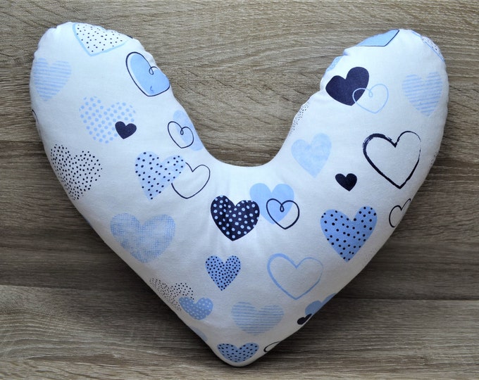 Heart pillow, chest heart pillow, mastectomy pillow, forearm pillow, breast surgery pillow, white with blue hearts, handmade