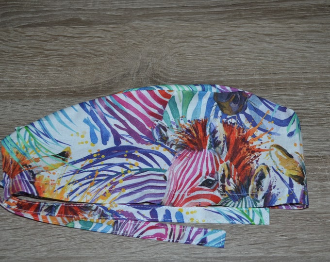 Surgical cap zebra, bandana, scrub cap, cosmetic cap, chef's cap, peeling cap, white with colorful zebras, handmade
