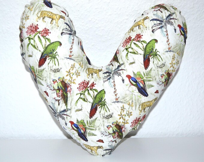 Heart pillow jungle, breast heart pillow, mastectomy pillow, forearm pillow, breast surgery pillow, beige with parrot and tiger jungle