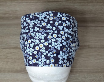 Surgical cap with flower design, scrub cap, bandana, cosmetic cap, chef's hat, peeling cap, surgical caps, blue with flowers, floral surgical cap, handmade